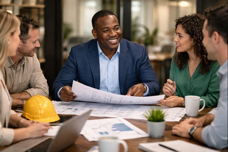 Construction Executive Discussing Plans and Specifications Construction Executive with crew