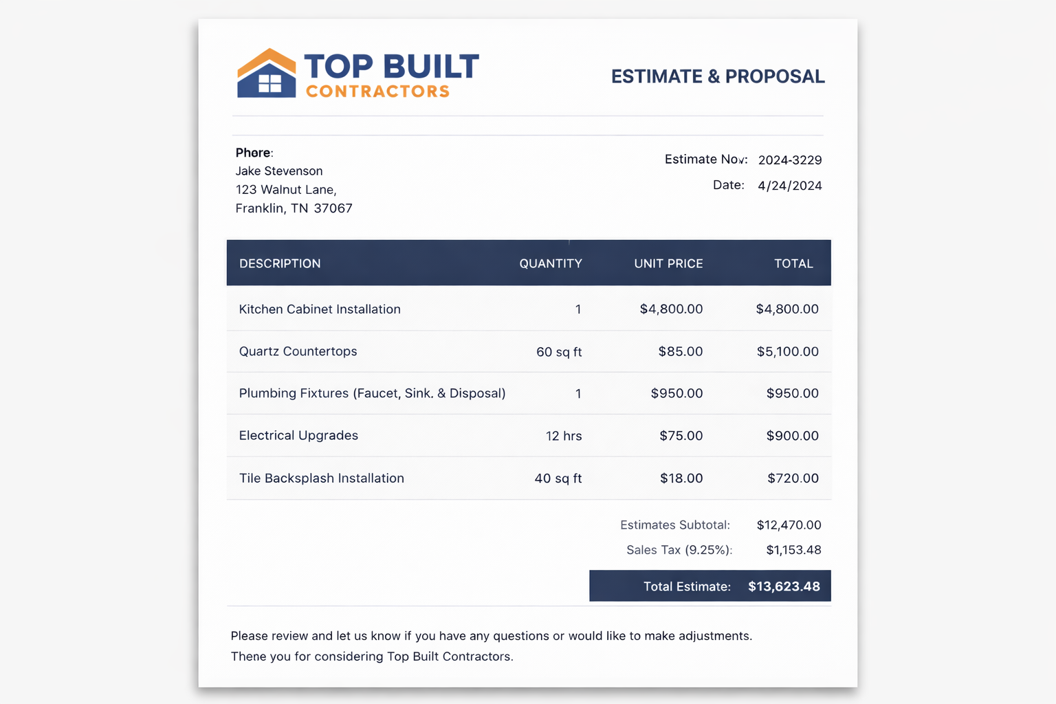 Sample Contractor Bidding Estimate